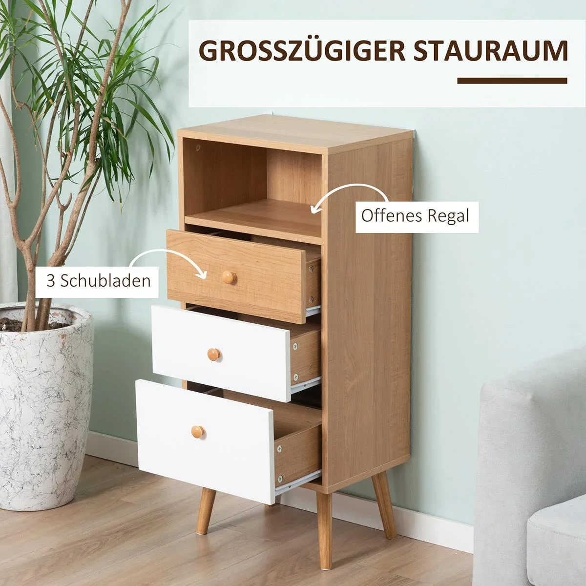 Sideboard Küchenschrank Kommode mit 1 offenen Fächern 3 Schubladen Skandi-Design Natur+Weiß 40 x 29 x 90 cm - 3