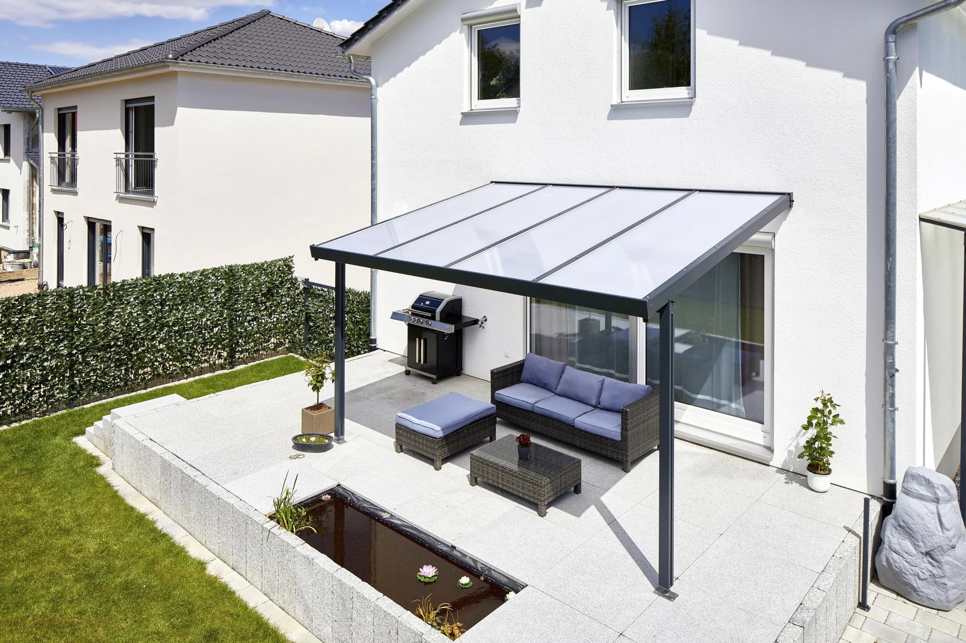 Terrassendach Premium, anthrazit, 4102 x 4060 mm - Polycarbonat Stegplatten 16 mm, opal - 3