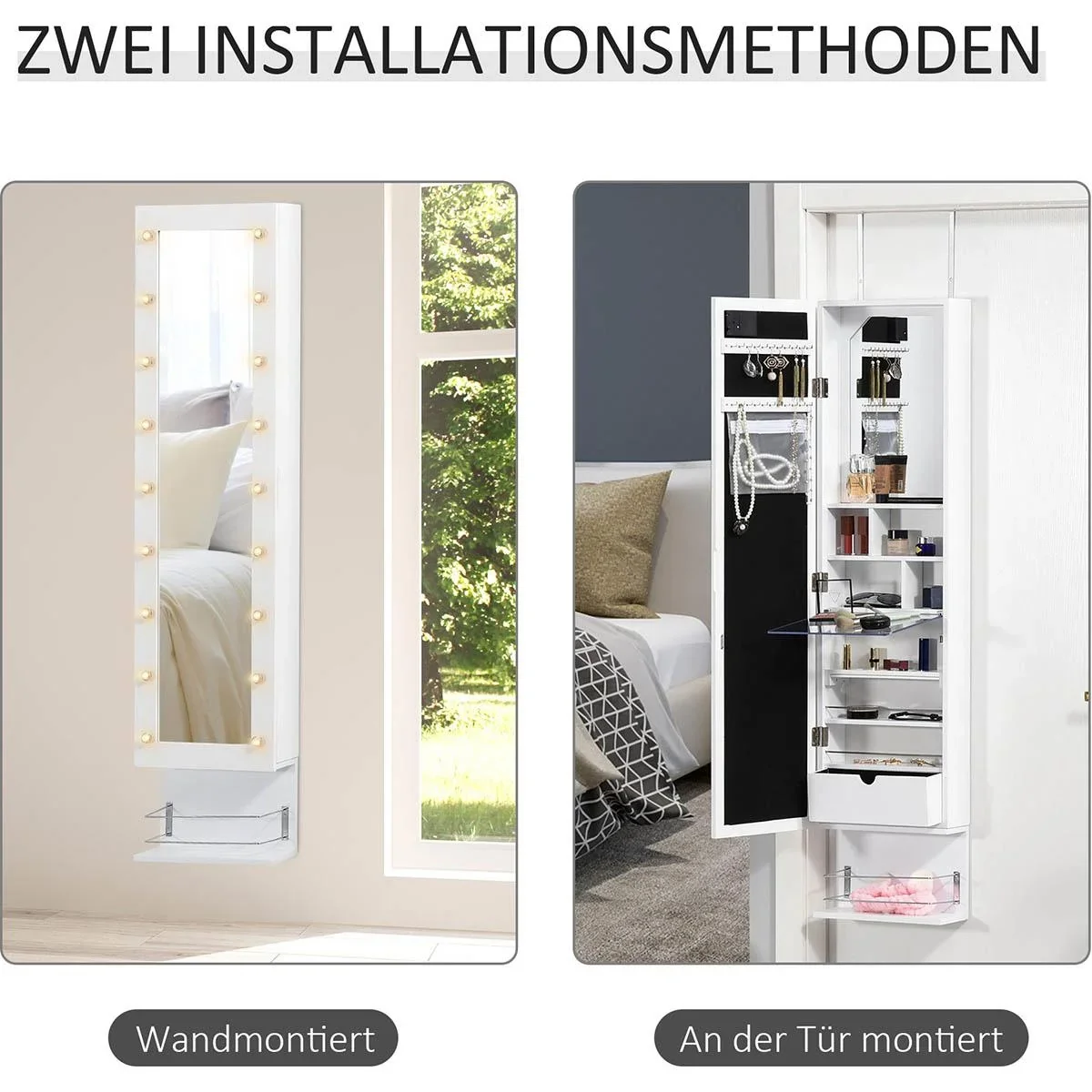 Hängender Schmuckschrank mit LED Spiegelschrank mit Schublade Regal Wandspiegel Türspiegel höhenverstellbar Weiß 130 cm - 3