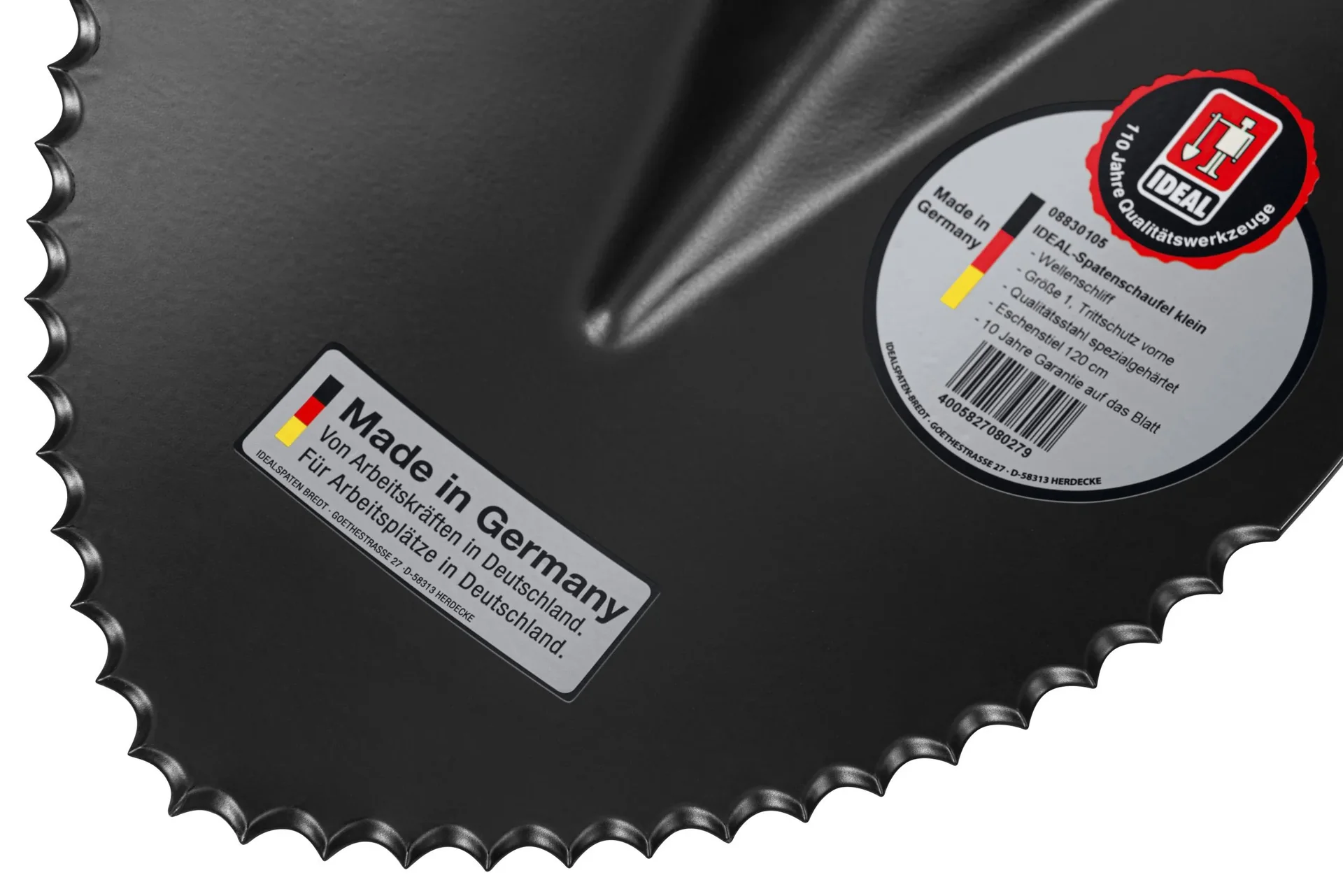 Spatenschaufel klein, Wellenschliff, Gr. 1, Trittschutz, gehärtet, schwarz pulverbeschichtet, Eschenstiel 120 cm - 5