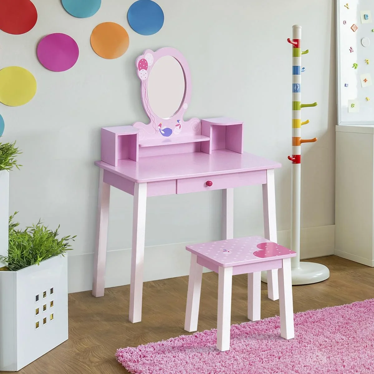 2-Set Kinderschminktisch Frisiertisch Hocker - 2