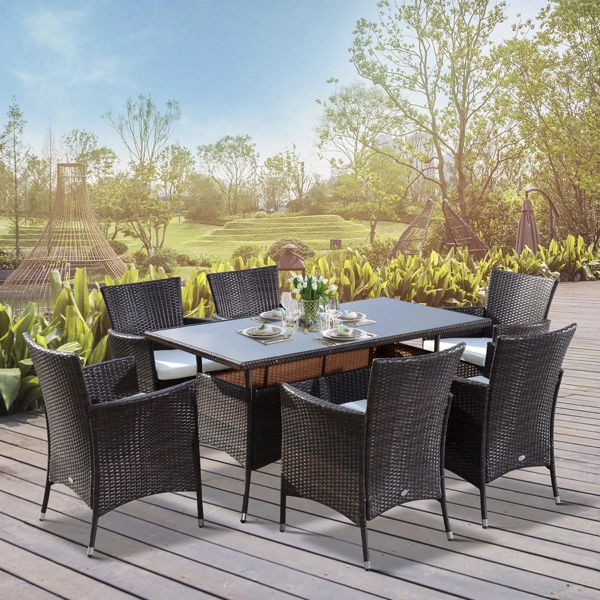 7 tlg. Polyrattan Gartenmöbel Rattan Gartenset Sitzgruppe Garnitur Essgruppe inkl. Kissen 6 Personen Braun+Creamweiß 150 - 2