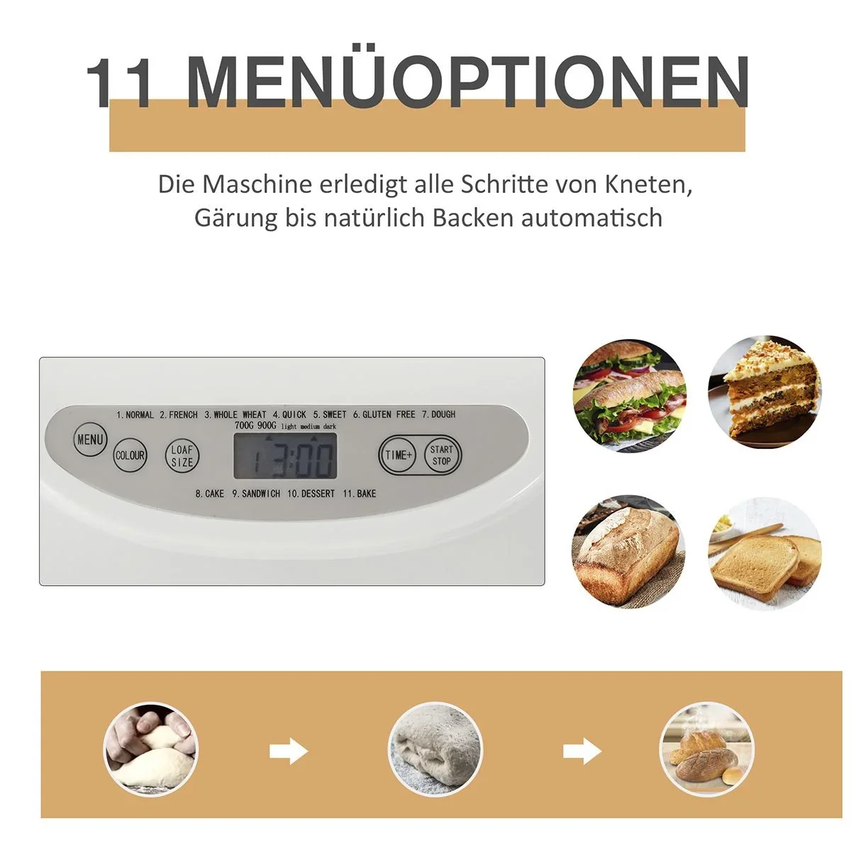 Brotbackautomat mit 11 Backprogrammen 3 Backfarben und 2 Brotgrößen 500W Edelstahl Weiß 29,6 x 23,3 x 29,2H cm - 3