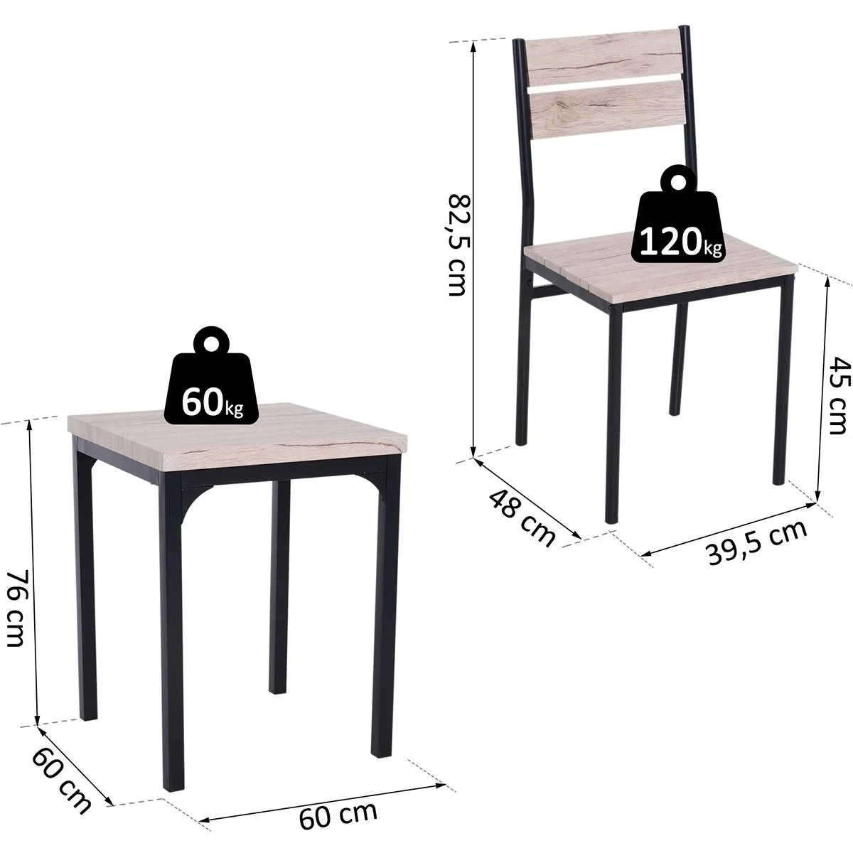 Esstisch-Set mit 1 Tisch und 2 Stühlen Naturholzoptik/schwarz - 4