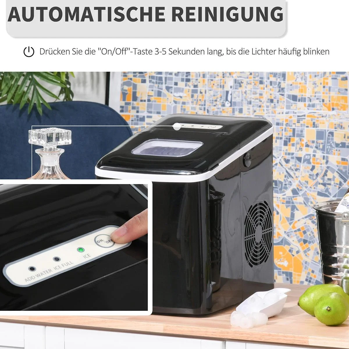 Eiswürfelmaschine mit automatischer Reinigungsfunktion schwarz - 2