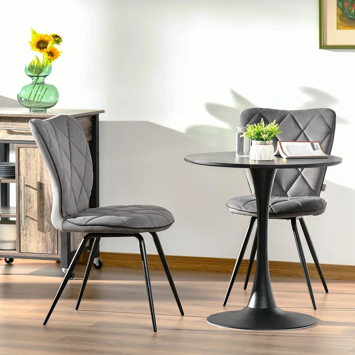 2er-Set Esszimmerstühle Küchenstuhl Polsterstuhl mit Rückenlehne Flanell Schaumstoff Stahl Grau+Schwarz 47 x 62 x 91 cm - 0