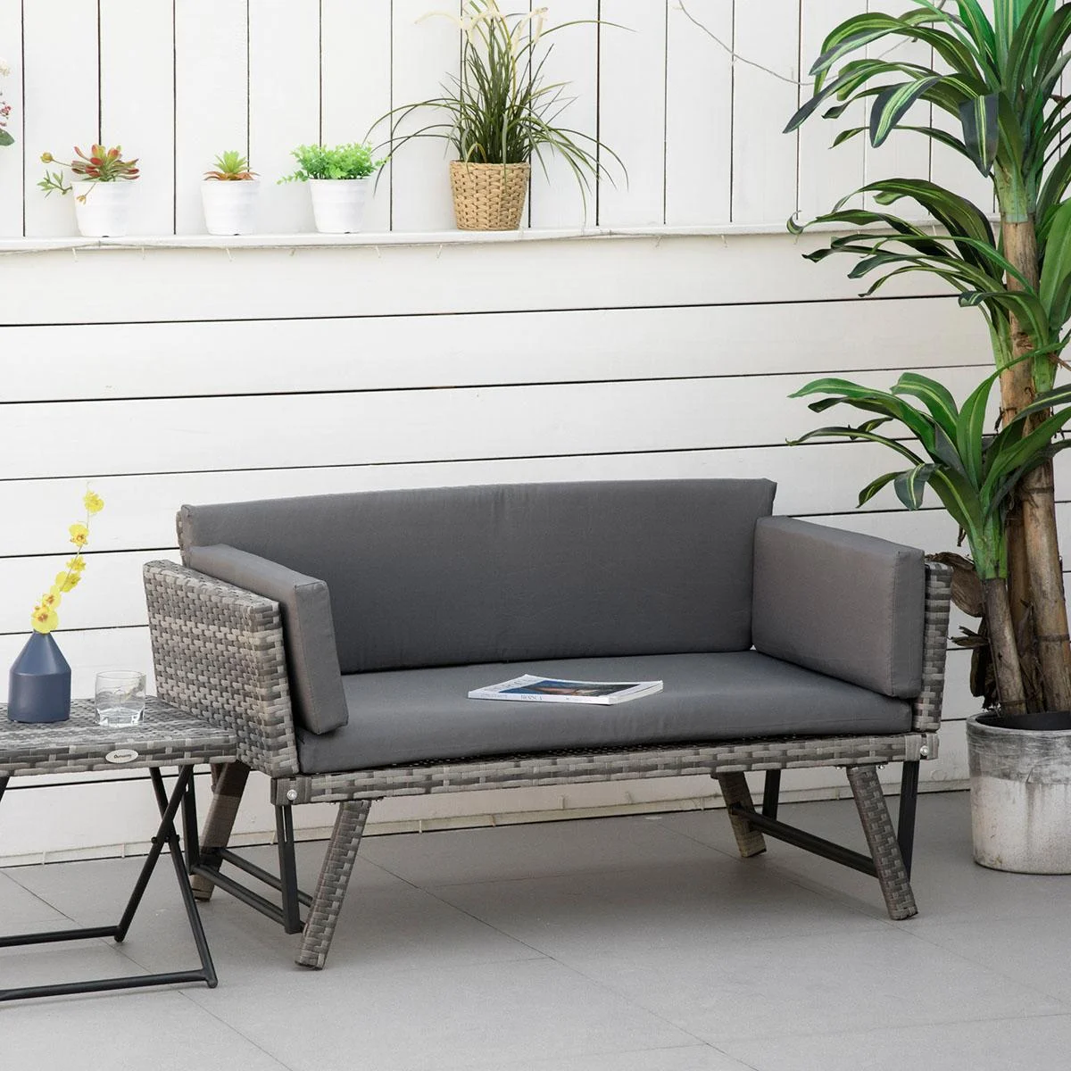 Poly Rattan Gartenbank 2 Sitzer Gartenmöbel Lounge Sofa Klappbare Armlehnen Stahl Grau 129 x 66 x 67 cm - 2