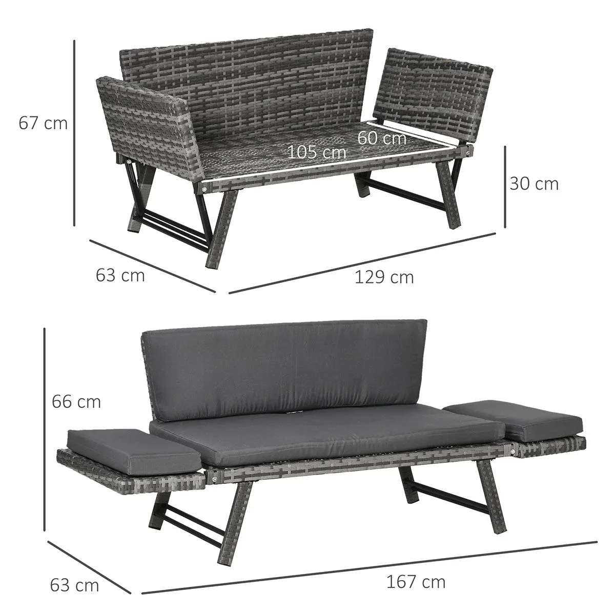 Poly Rattan Gartenbank 2 Sitzer Gartenmöbel Lounge Sofa Klappbare Armlehnen Stahl Grau 129 x 66 x 67 cm - 3