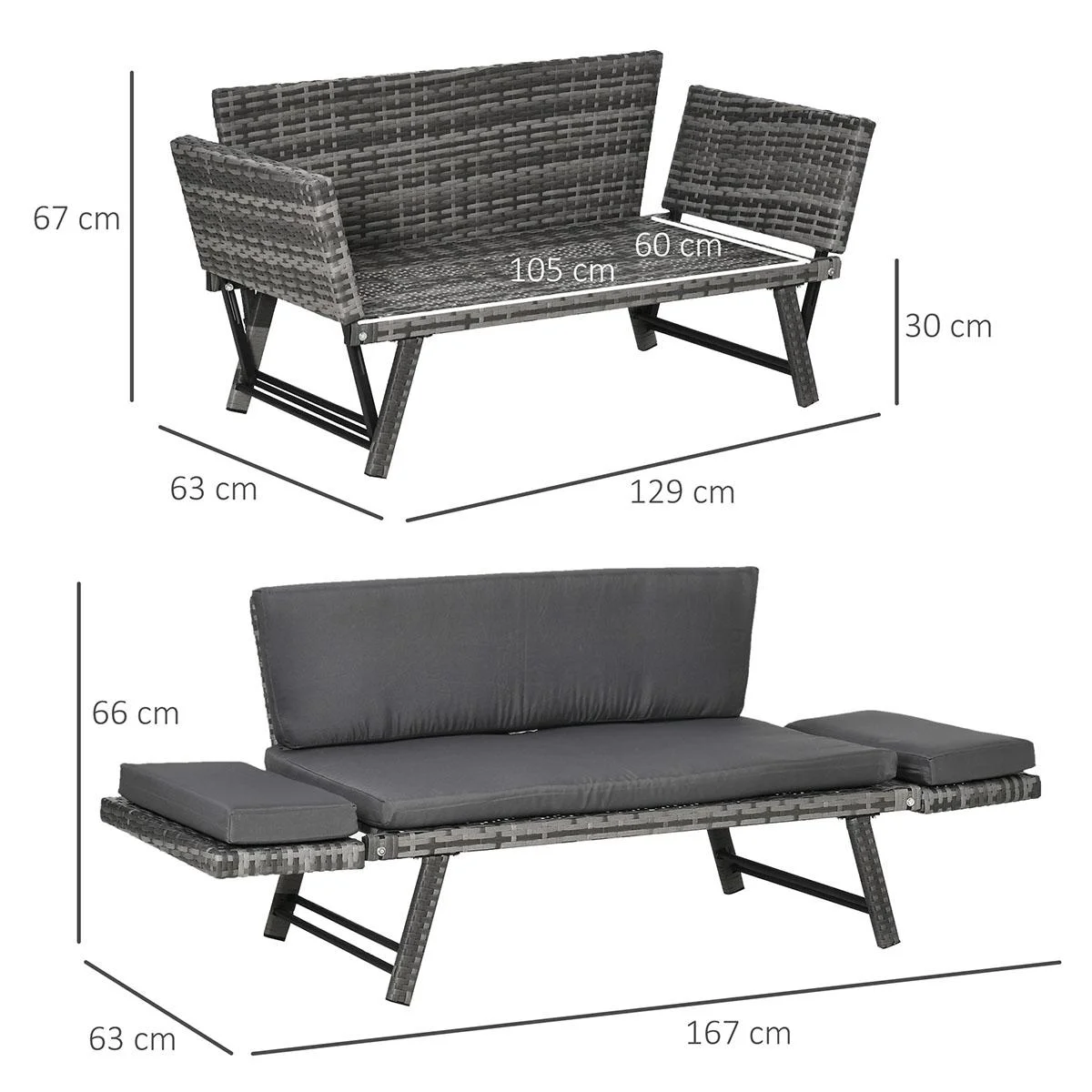 Poly Rattan Gartenbank 2 Sitzer Gartenmöbel Lounge Sofa Klappbare Armlehnen Stahl Grau 129 x 66 x 67 cm - 3