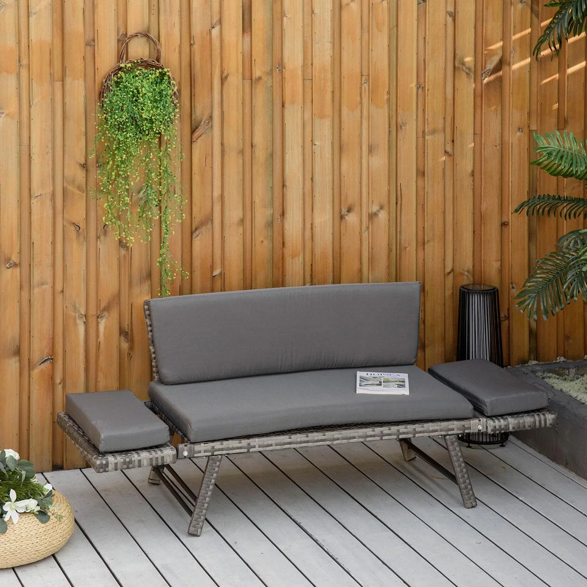 Poly Rattan Gartenbank 2 Sitzer Gartenmöbel Lounge Sofa Klappbare Armlehnen Stahl Grau 129 x 66 x 67 cm - 4