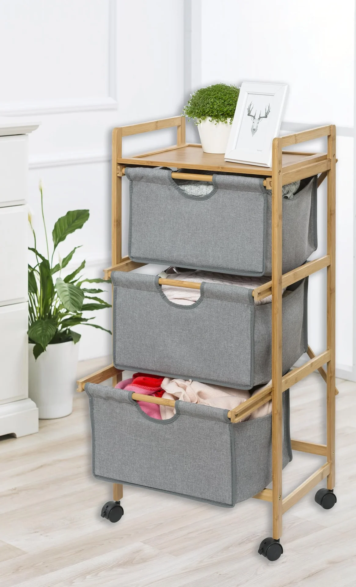 Roll-Wäschewagen „Bahari“, Bambus, 44 x 34 x 96 cm - 1