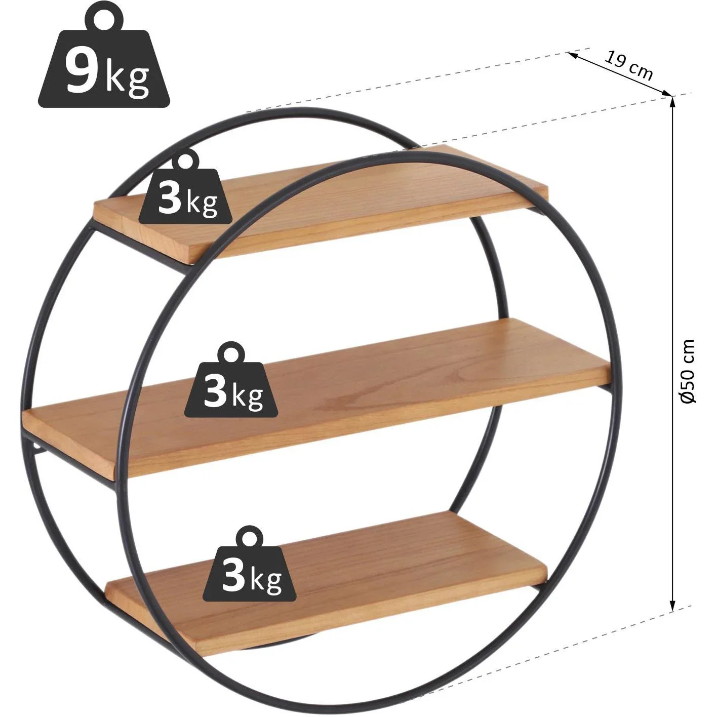 Wandregal Bücherregal Metallregal Hängeregal Dekoregal rund 3 Etage Metall + Holz Schwarz + Natur ?50 x 19cm - 0