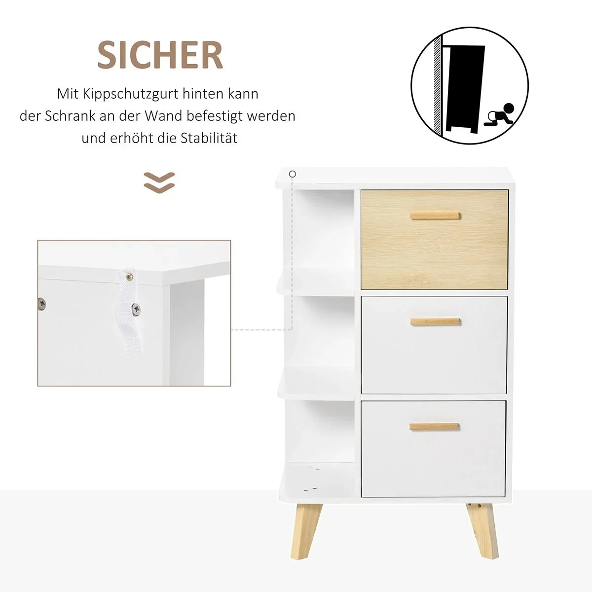 Sideboard Kommode Schrank mit 3 offenen Ablagen Schubladen Aufbewahrungsschrank Mehrzweckschrank für Wohnzimmer Schlafzi - 0
