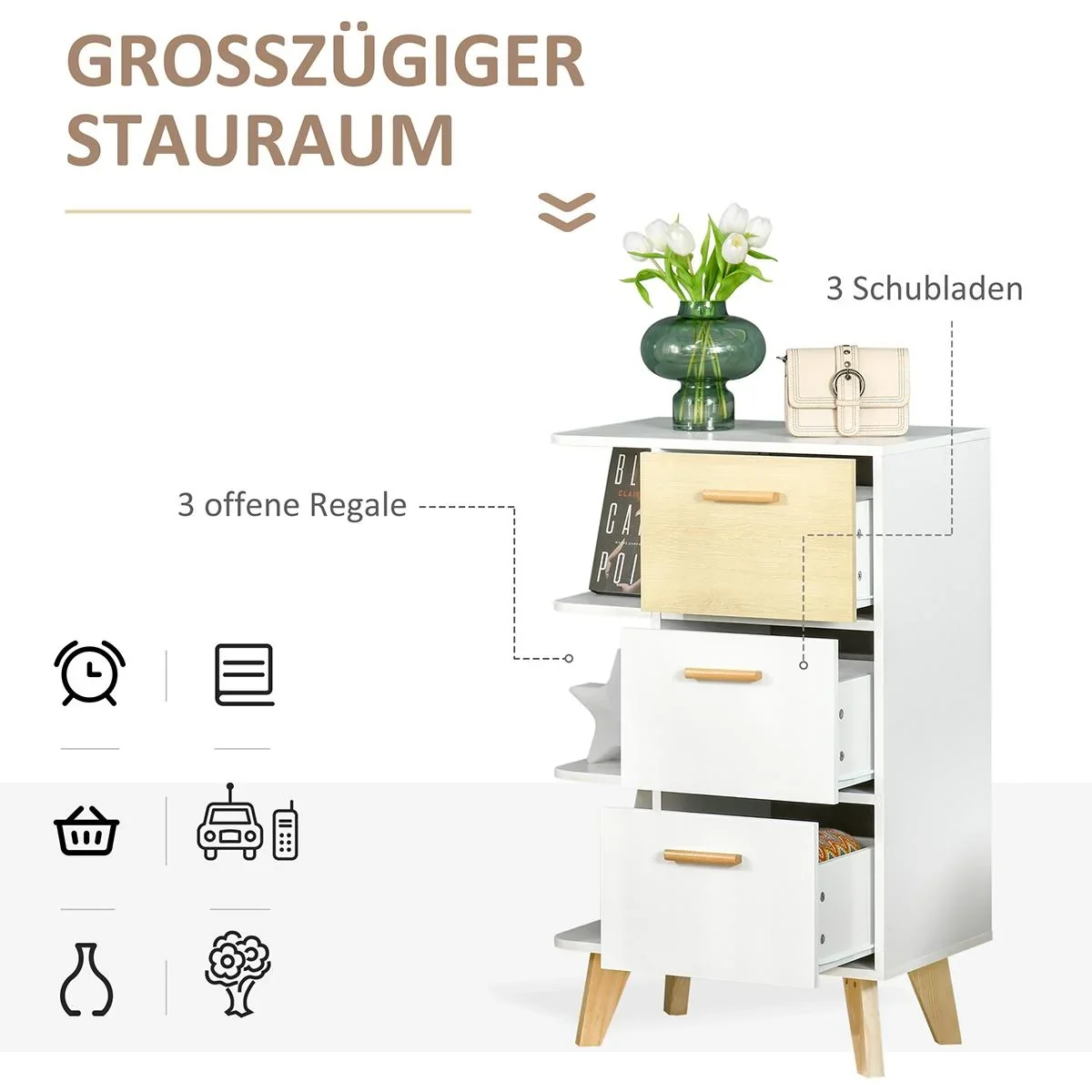 Sideboard Kommode Schrank mit 3 offenen Ablagen Schubladen Aufbewahrungsschrank Mehrzweckschrank für Wohnzimmer Schlafzi - 4