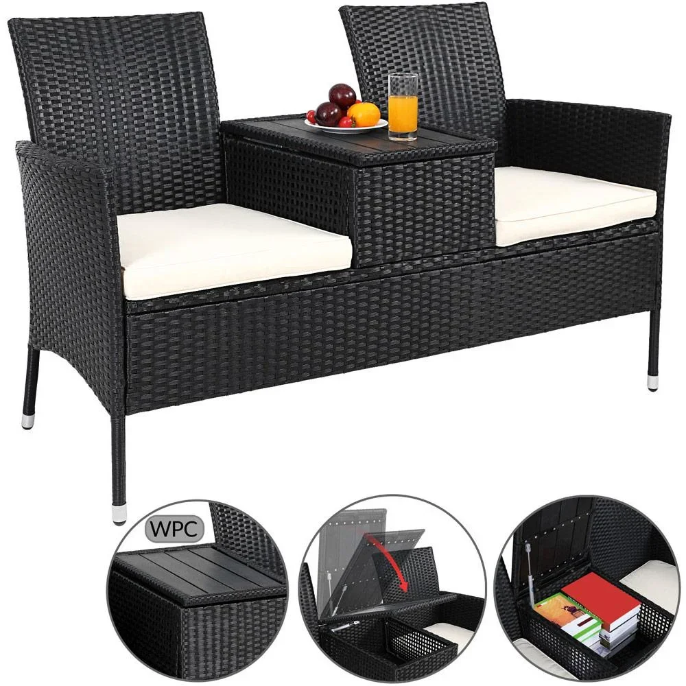Gartenbank/ Love Bench mit Box/ Tisch mit Sitzpolstern 143x64x88cm - Schwarz - 1