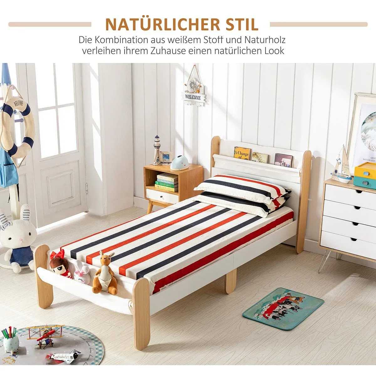 Kinderbett mit Betttasche Spielzeugtasche für 3+ Jahre Holzbett für Mädchen und Junge Kinderzimmer Holz Weiß+Natur 229 x - 0