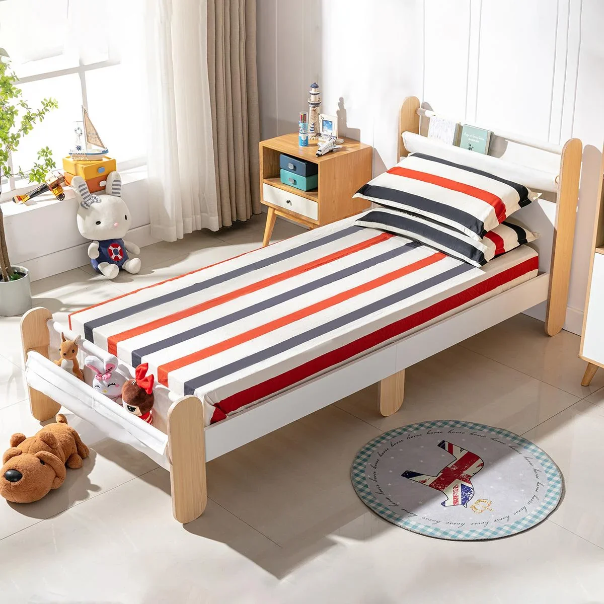 Kinderbett mit Betttasche Spielzeugtasche für 3+ Jahre Holzbett für Mädchen und Junge Kinderzimmer Holz Weiß+Natur 229 x - 3