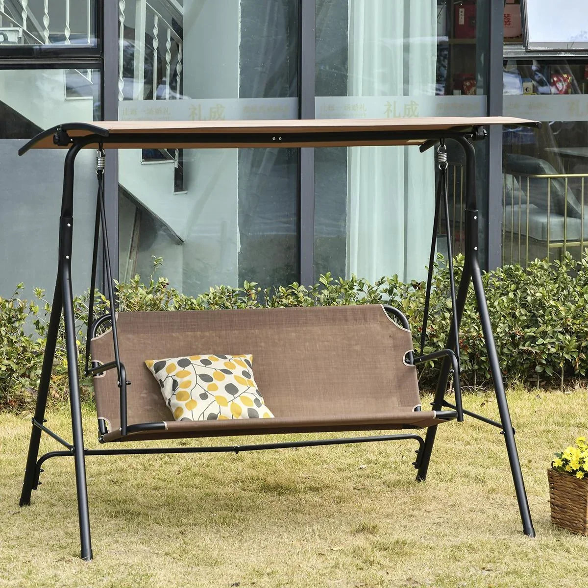 2-Sitzer Hollywoodschaukel Schaukelstuhl Outdoor Gartenliege UV-beständig Hochwertiges Metallrohr winkeleinstellbar Brau - 0