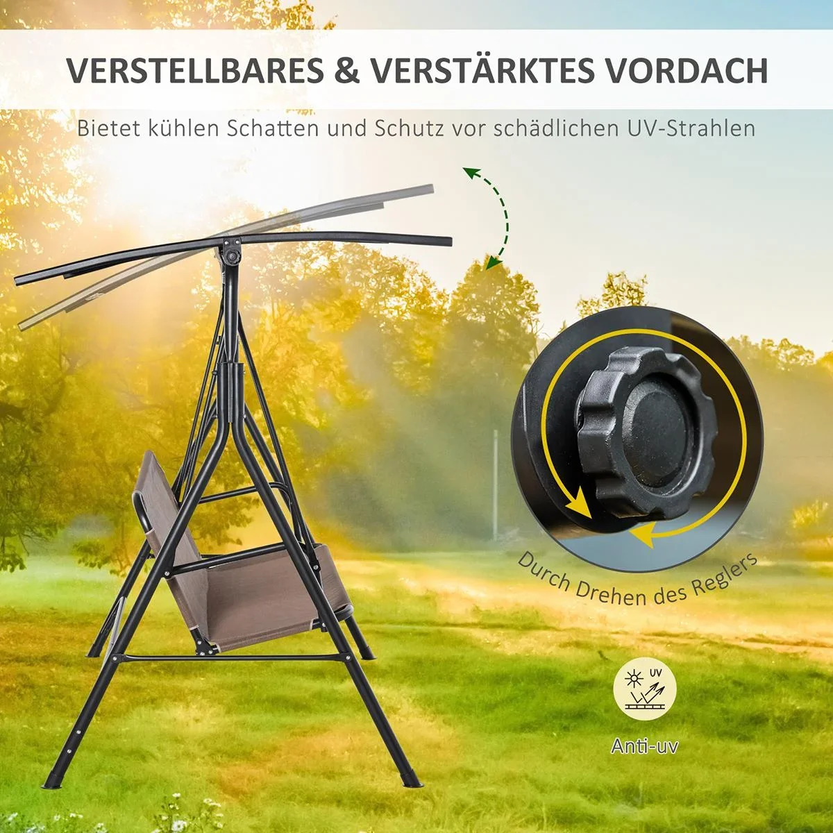2-Sitzer Hollywoodschaukel Schaukelstuhl Outdoor Gartenliege UV-beständig Hochwertiges Metallrohr winkeleinstellbar Brau - 2