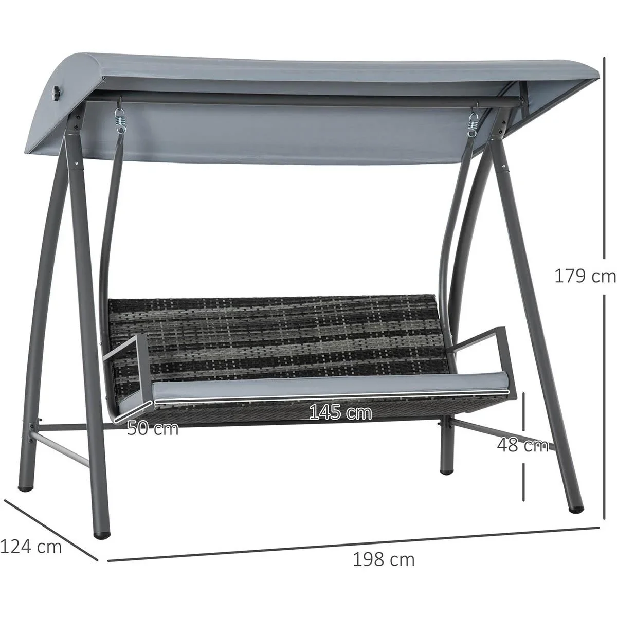 Hollywood Schaukelsofa mit Sonnendach für 3 Personen, Grau, Rattan, 198 x 124 x 179 cm - 2