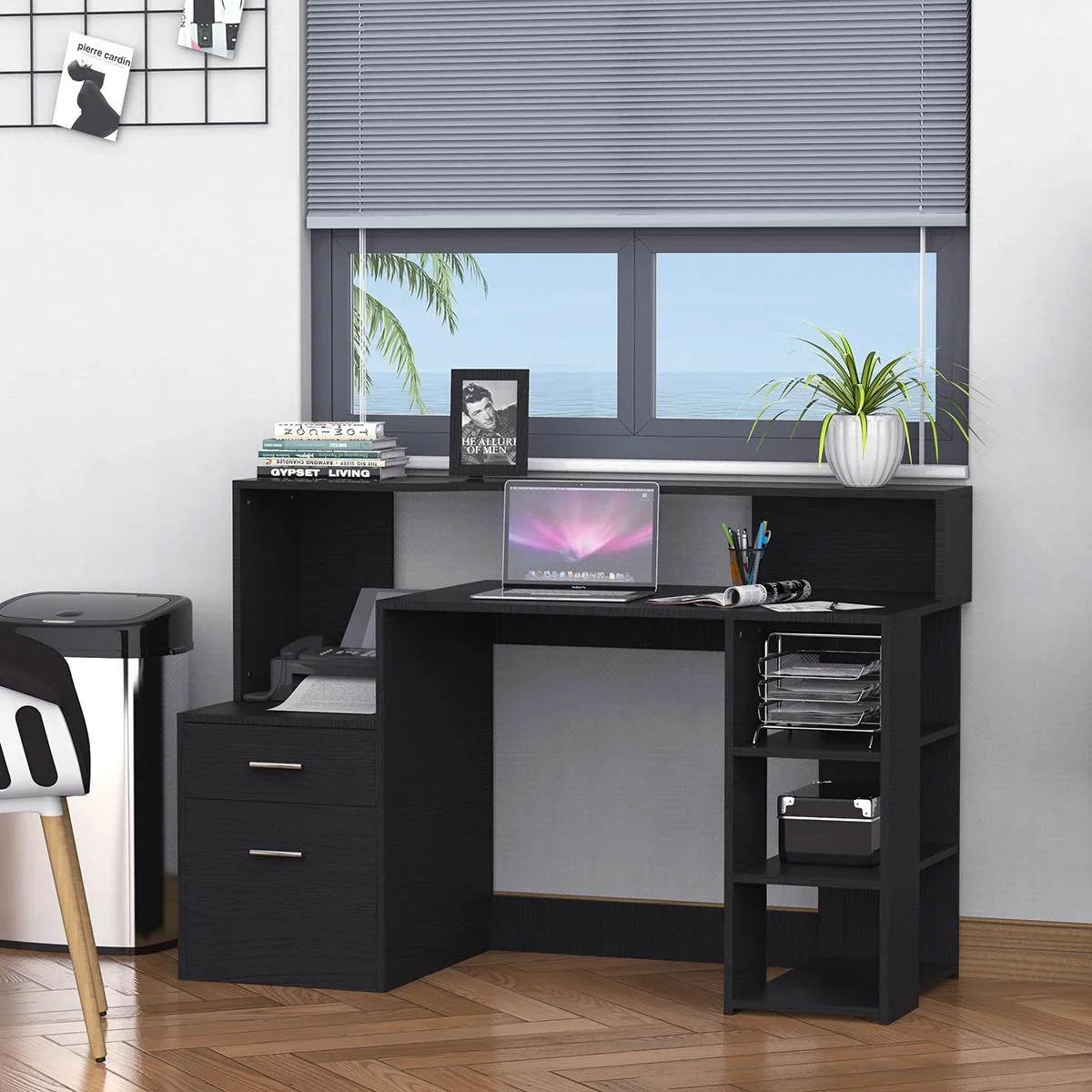Schreibtisch mit Regal Computertisch Bürotisch mit Tischplatte für Drucker Schublade MDF Metall Schwarz 137 x 55 x 92 cm - 1