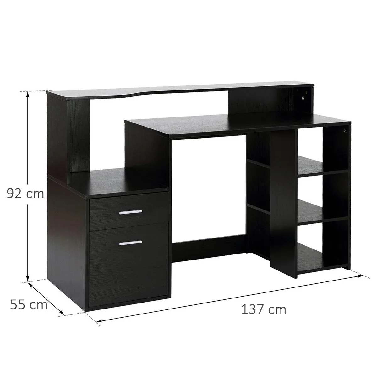 Schreibtisch mit Regal Computertisch Bürotisch mit Tischplatte für Drucker Schublade MDF Metall Schwarz 137 x 55 x 92 cm - 2