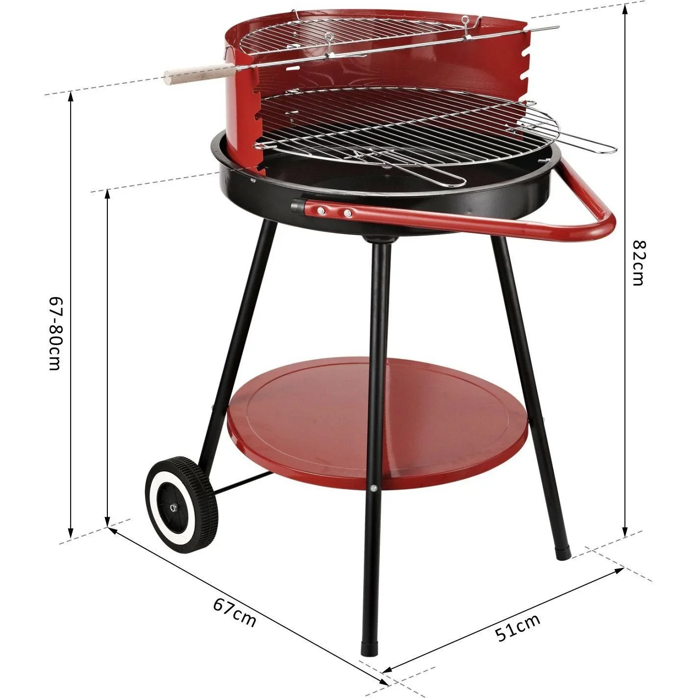 Holzkohlegrill Rundgrill auf Rollen mit Ablage Metall Rot - 1