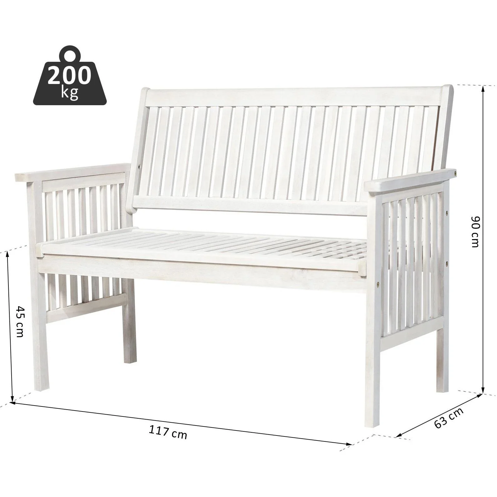 2-Sitzer Sitzbank Gartenbank Holzbank Bank mit Armlehne Landhausstil Akazienholz Weiß 117 x 63 x 90 cm - 5
