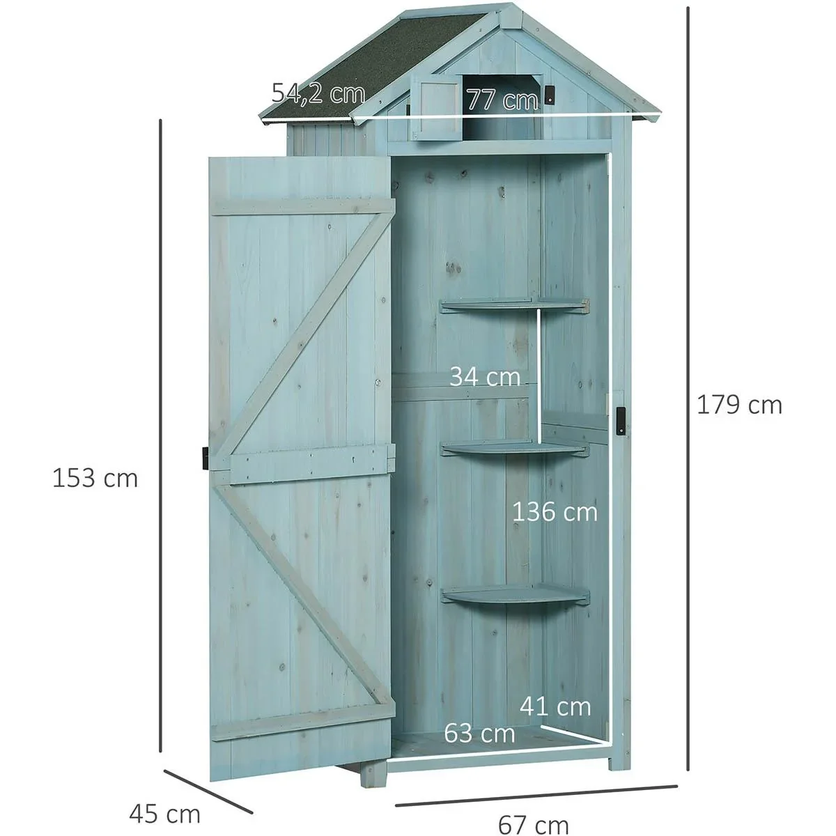 Gartenschrank Gartenhaus Gerätehaus Geräteschuppen mit Fachböden Asphaltdach Fenster Holz Hellblau+Grün 77 x 54,2 x 179 - 0