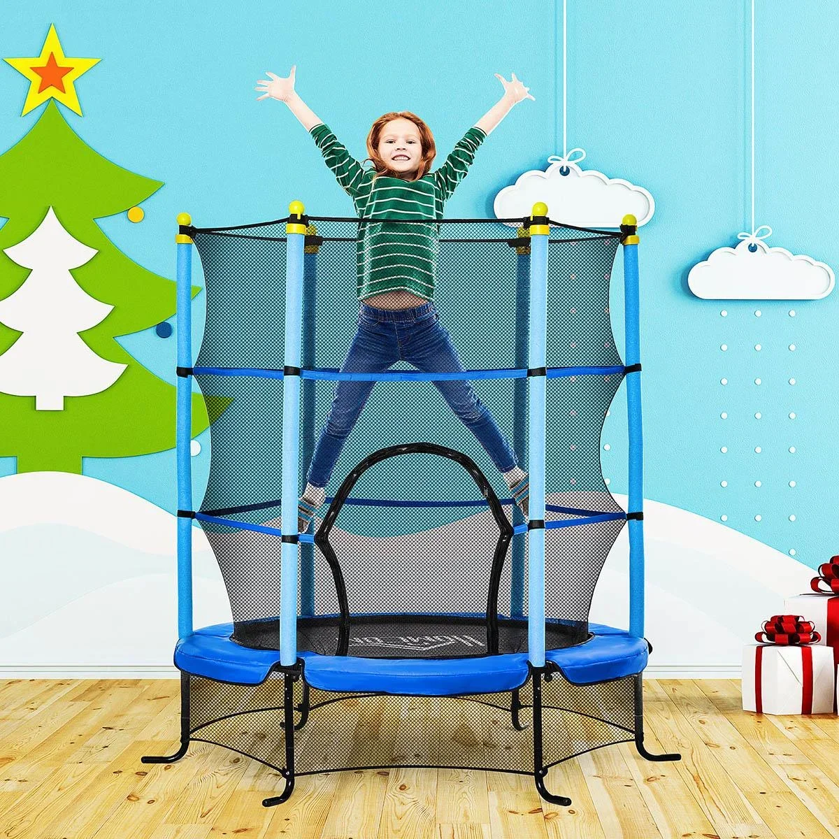 Trampolin Ø163 cm für Kinder mit Sicherheitsnetz und Sicherheitspads für den Innen- und Außenbereich Stahlblau bis zu 45 - 1
