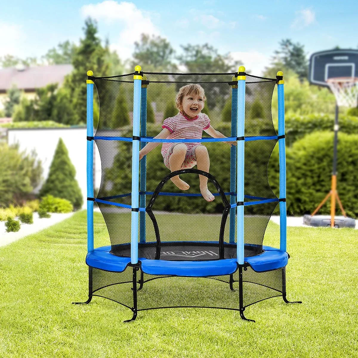 Trampolin Ø163 cm für Kinder mit Sicherheitsnetz und Sicherheitspads für den Innen- und Außenbereich Stahlblau bis zu 45 - 2