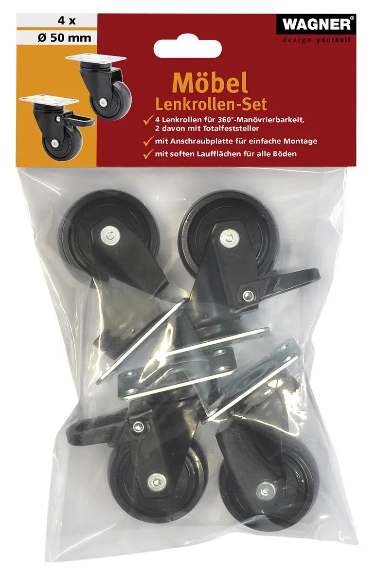 Design 3C Lenkrollen 4 teiliges Set - Ø 50 mm, soft, schwarz, 2 Rollen mit & 2 ohne Feststeller, Tragkraft 50 kg / Rolle - 3
