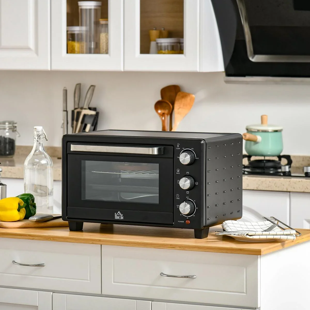 Minibackofen 21L mit 1 Drahtgestell und 1 Backblech 3 Kochmodi einstellbare Temperatur Ofen 1400W Metall Edelstahl - 1