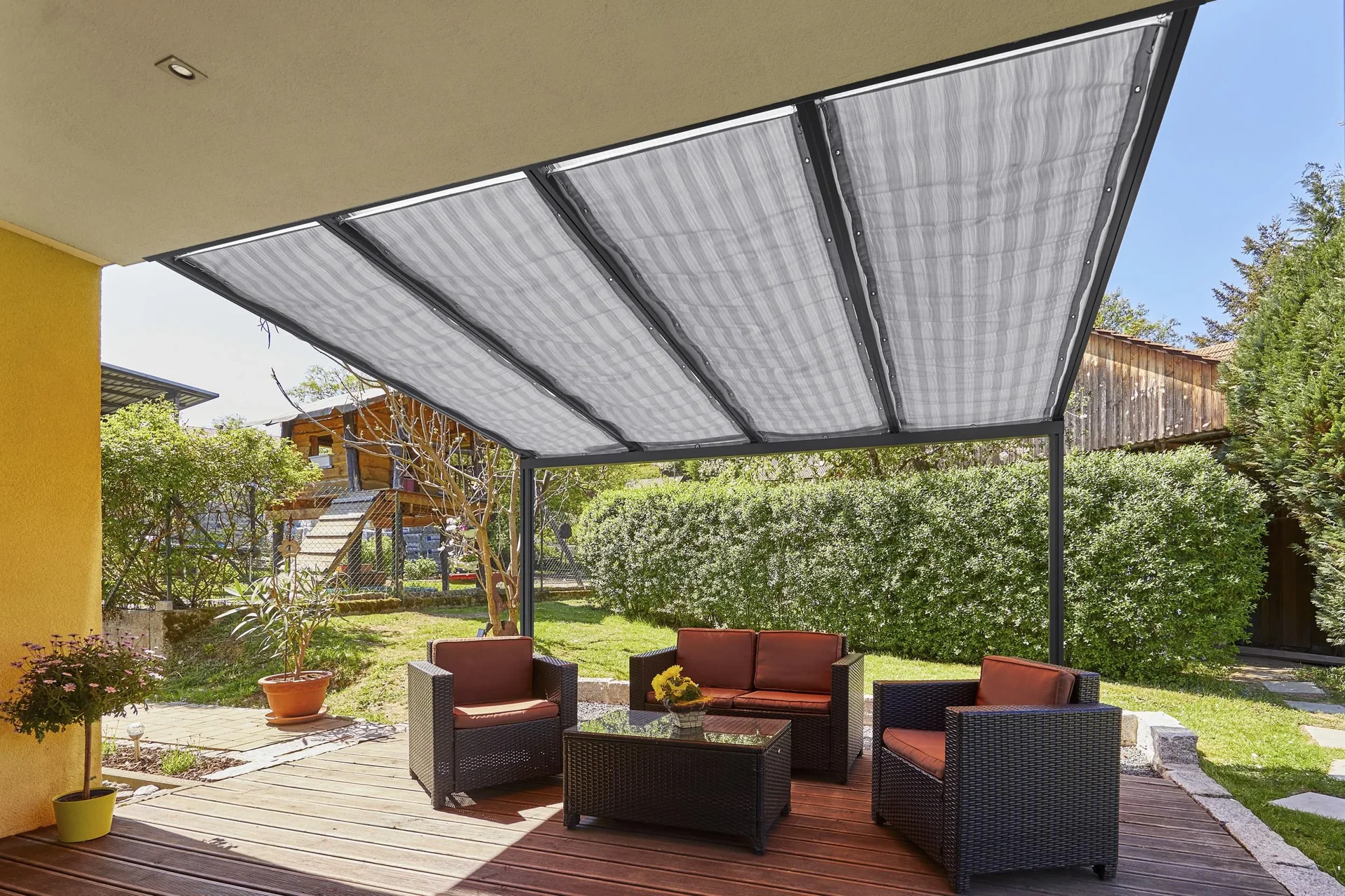 Beschattung mit Seilführung, 1155 x 2900 mm - Stoff Ladakh, grau gestreift - 0