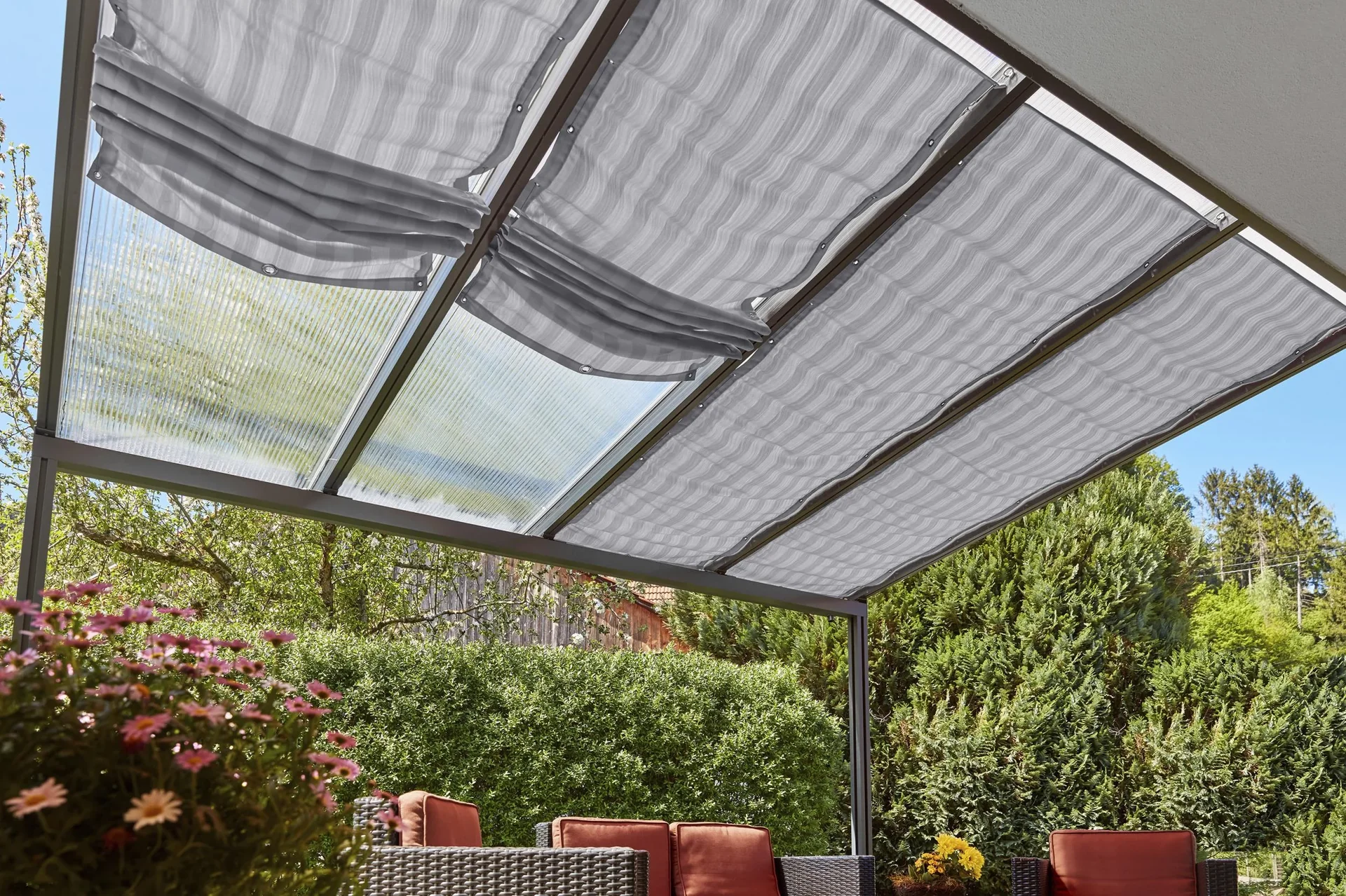 Beschattung mit Seilführung, 1155 x 2900 mm - Stoff Ladakh, grau gestreift - 2