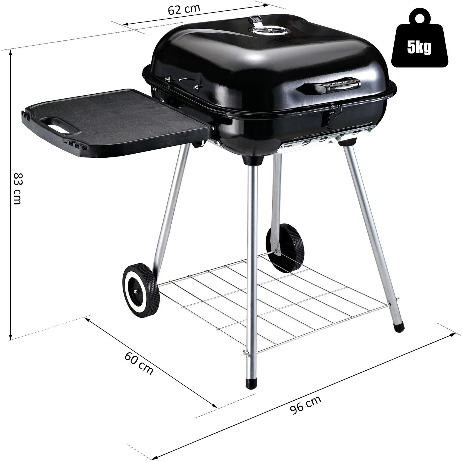 Kohlegrill Grillwagen Standgrill mit Windschutz 2 x Ablagefach Metall Schwarz 96 x 61 x 83 cm - 1