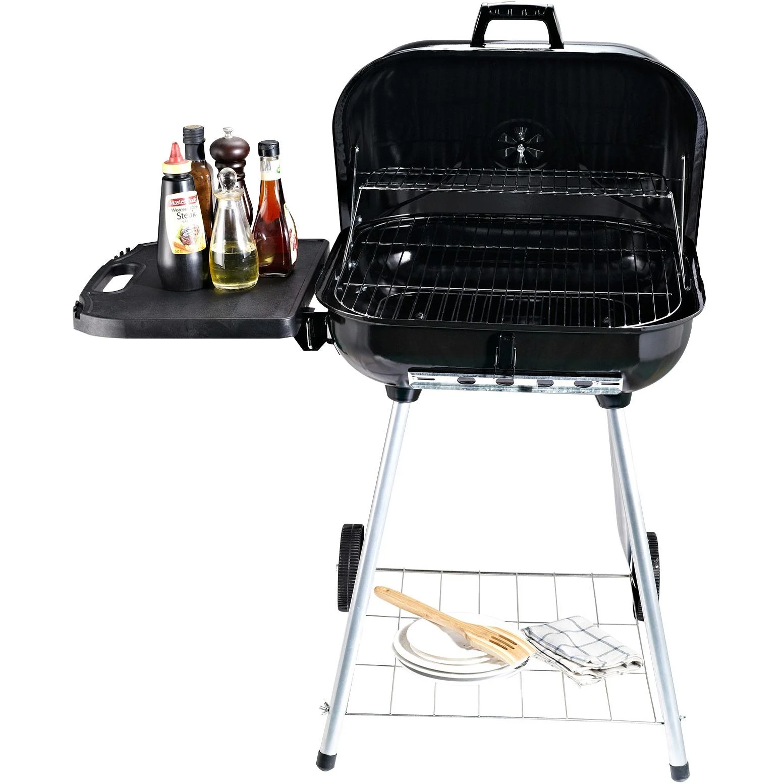 Kohlegrill Grillwagen Standgrill mit Windschutz 2 x Ablagefach Metall Schwarz 96 x 61 x 83 cm - 2