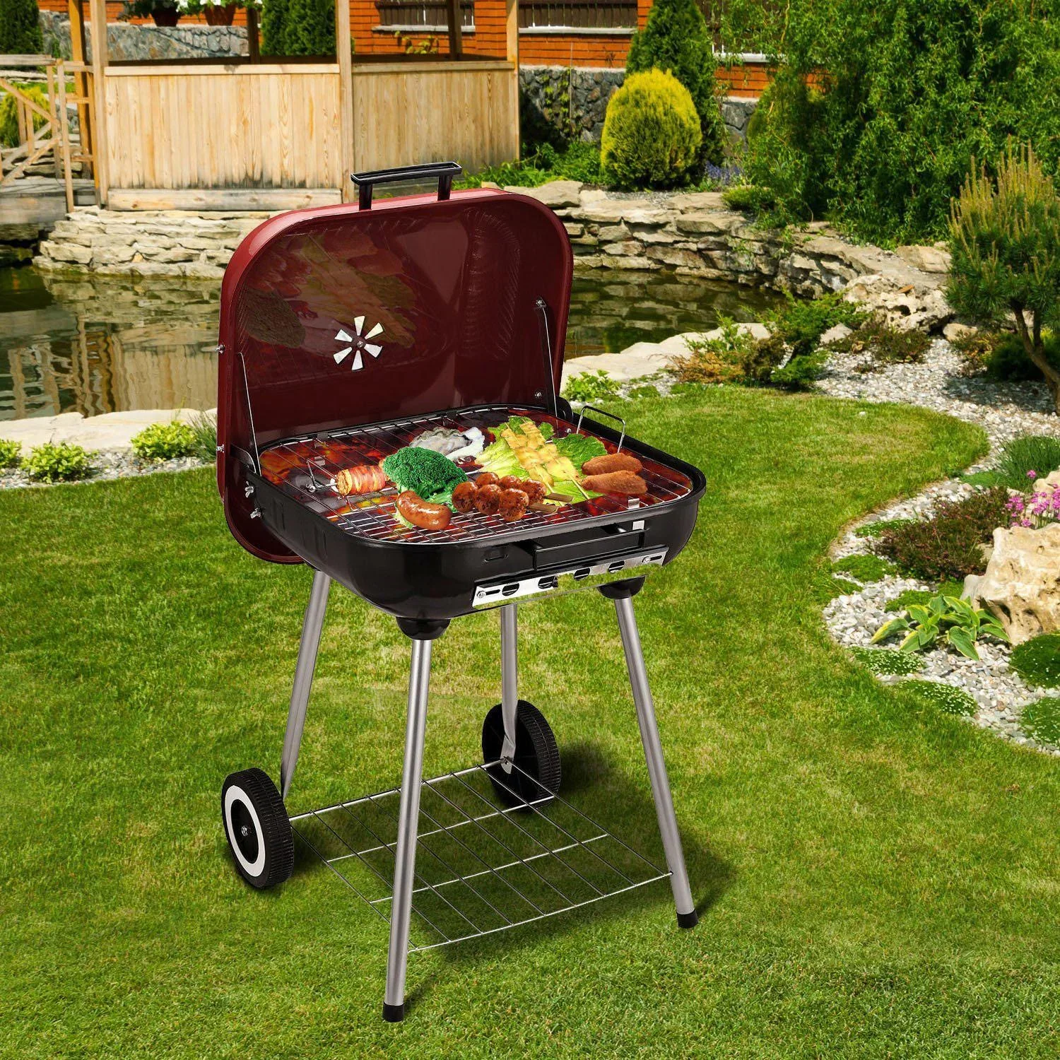 Holzkohlegrill Grillwagen auf Rollen Rot L45 x B47,5 x H70cm - 0