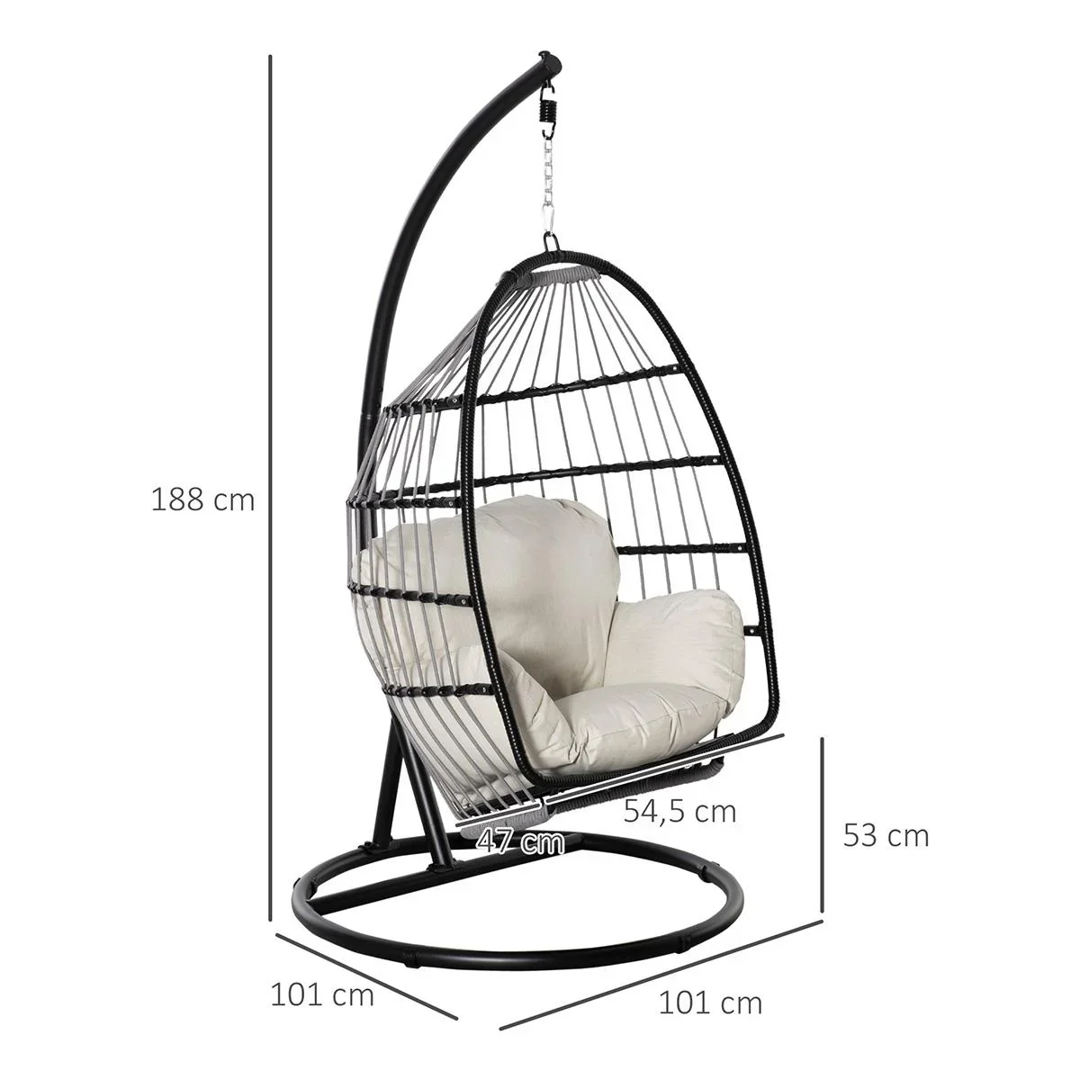 Hängesessel mit ovaler Form, schwarz+cremeweiß, 101 x 101 x 188 cm - 0