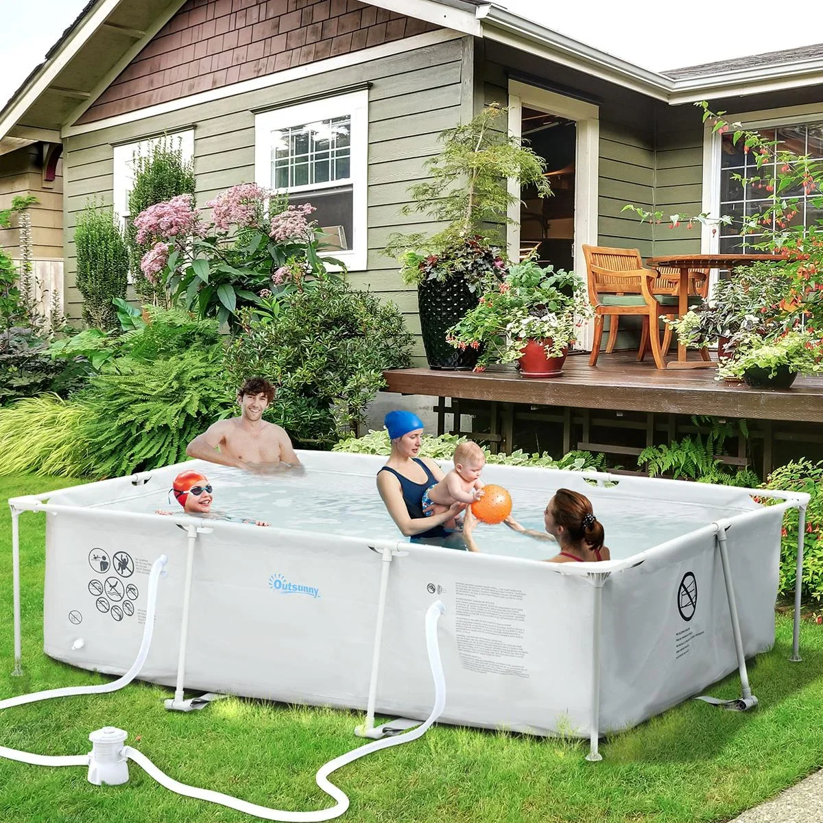 Rahmenpool mit Schlauch Draht Swimmingpool Schwimmbad Ablassventil für sauberen Wasser 1000D PVC Stahl Grau 292 x 190 x - 2