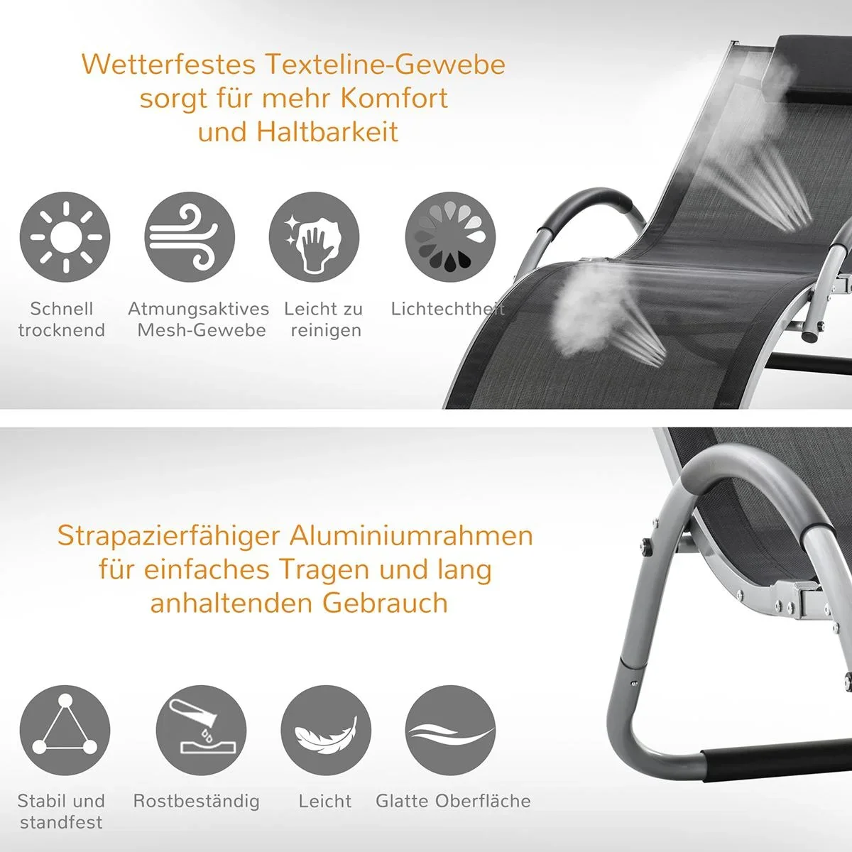 Gartenliegen mit Kissen Sonnenliege Relaxliege ergonomisch Aluminium Texteline Schwarz 160 x 60 x 65 cm - 0