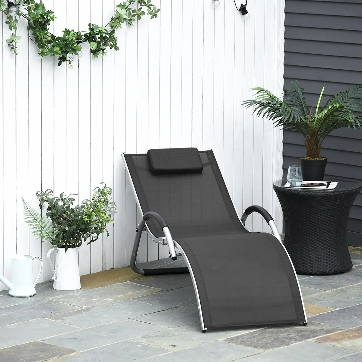 Gartenliegen mit Kissen Sonnenliege Relaxliege ergonomisch Aluminium Texteline Schwarz 160 x 60 x 65 cm - 2