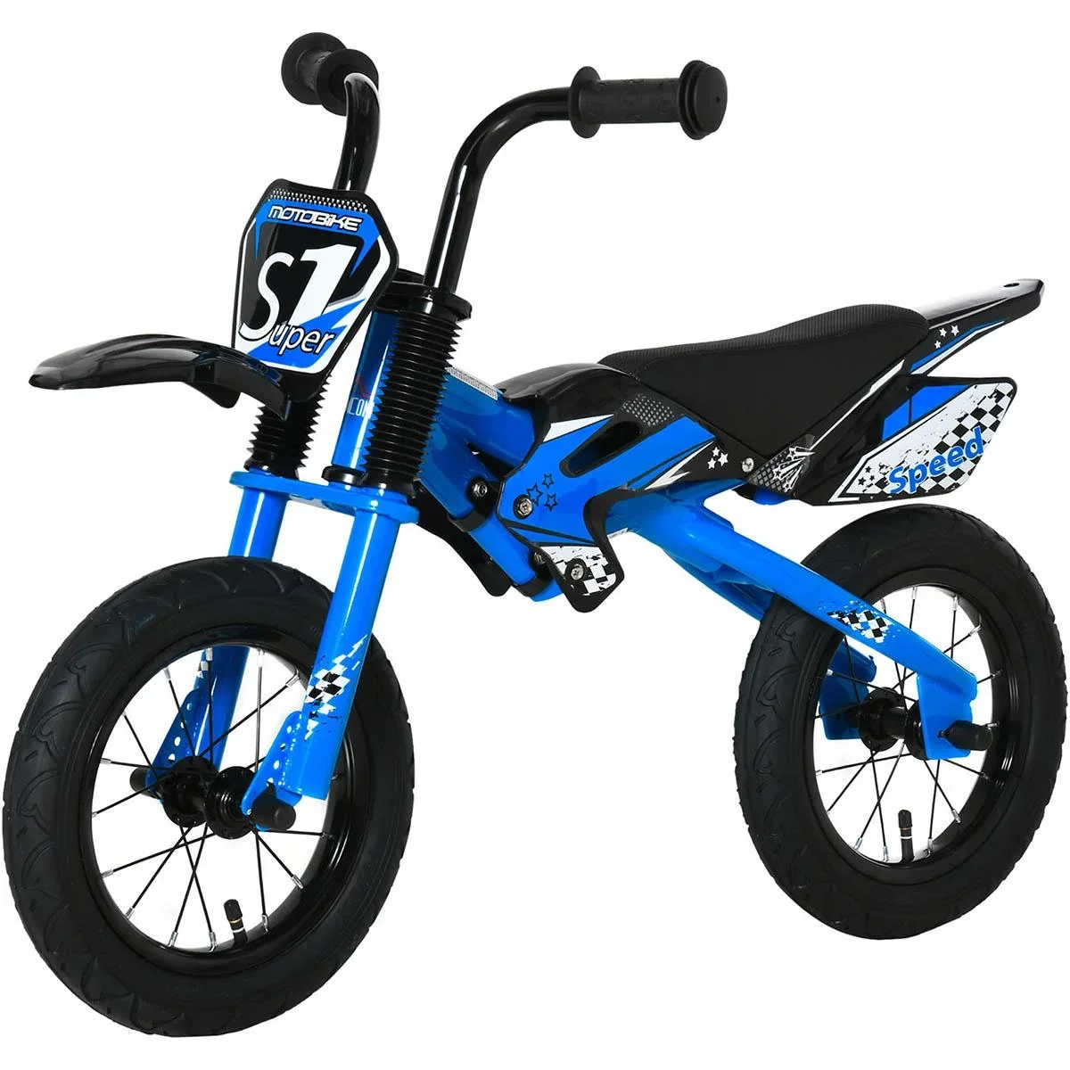 Balance Bike Motorrad Ø30 cm 3-6 Jahre Luftgefüllte Reifen Kunstleder Sattel Blau 91 x 43 x 61 cm - 0