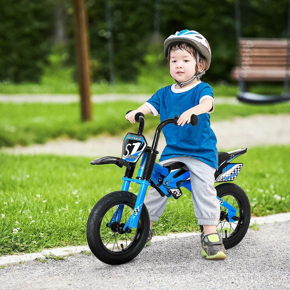 Balance Bike Motorrad Ø30 cm 3-6 Jahre Luftgefüllte Reifen Kunstleder Sattel Blau 91 x 43 x 61 cm - 3