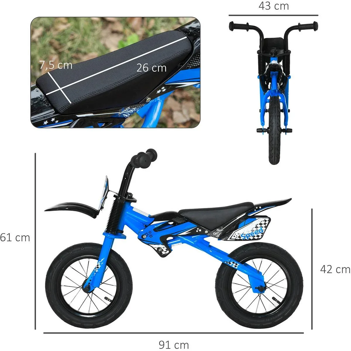 Balance Bike Motorrad Ø30 cm 3-6 Jahre Luftgefüllte Reifen Kunstleder Sattel Blau 91 x 43 x 61 cm - 4