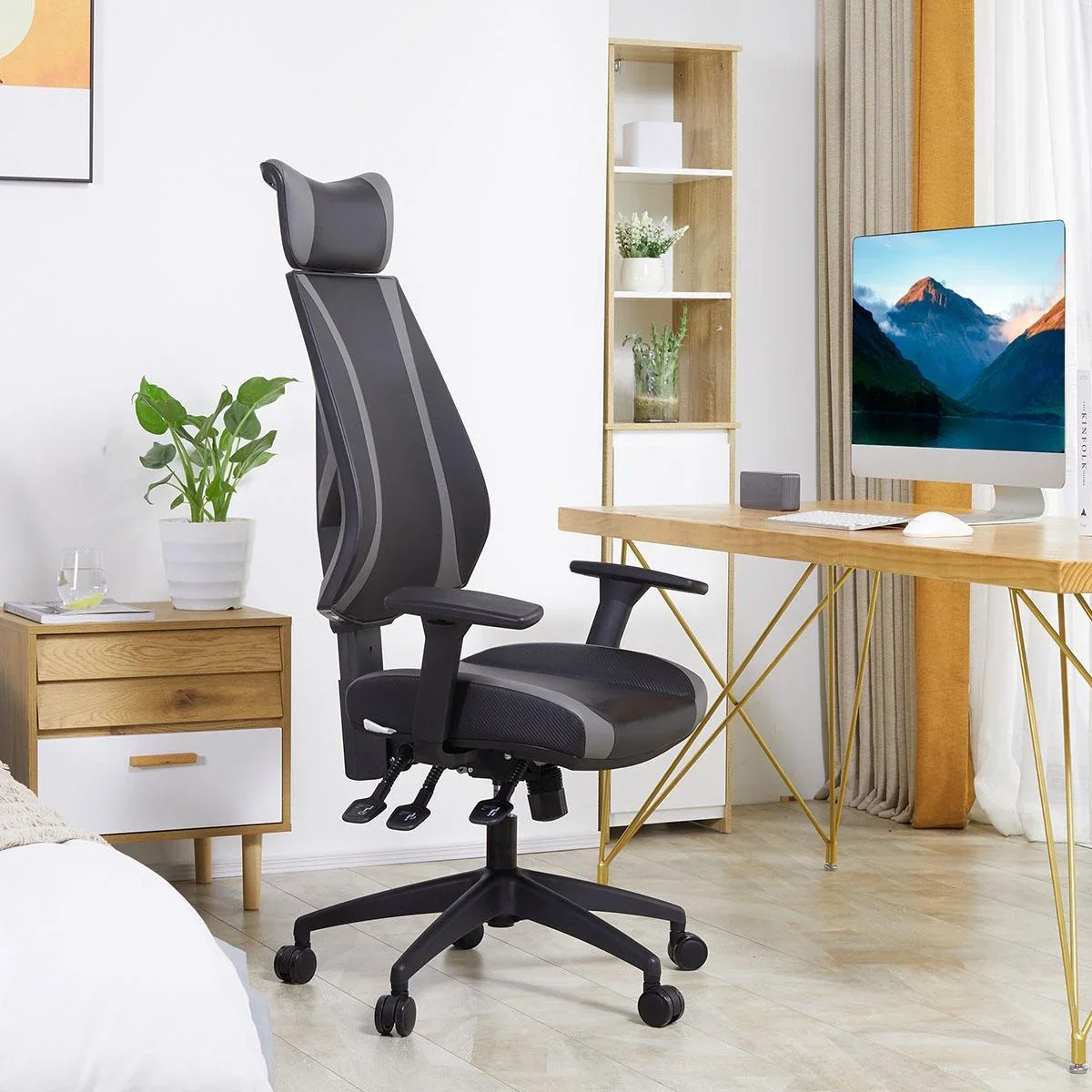 Bürostuhl Schreibtischstuhl mit Wippenfunktion Rückenlehne Kopfstütze höhenverstellbar ergonomisch Schaumstoff Nylon Sch - 0
