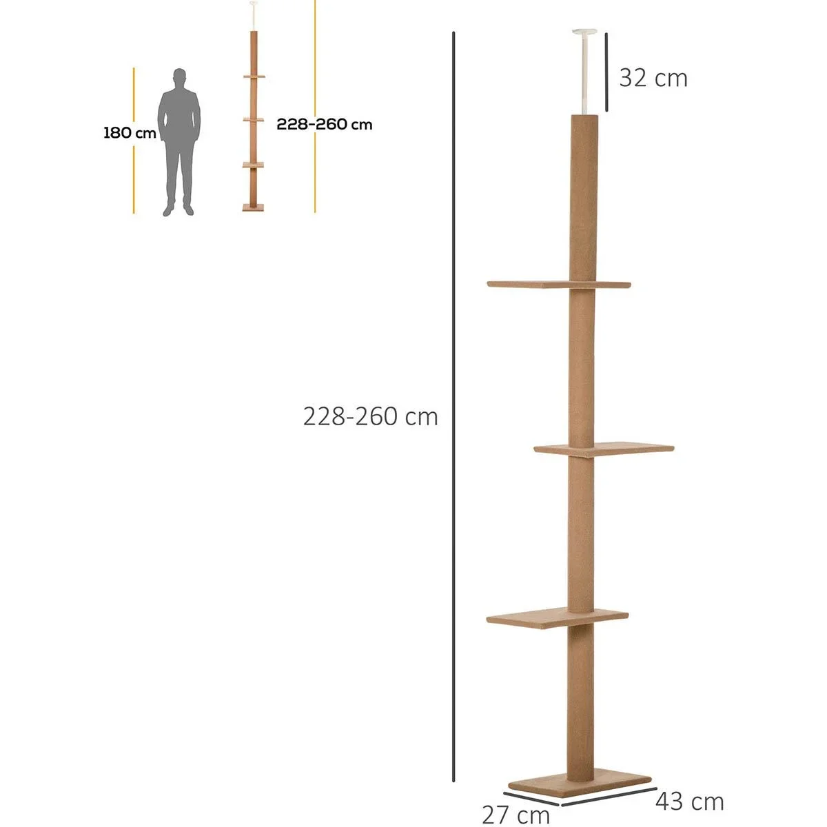 Kratzbaum Katzenbaum Kletterbaum für Katzen Höhenverstellbar Spielbaum Hellbraun 43x27x228-260 cm - 3