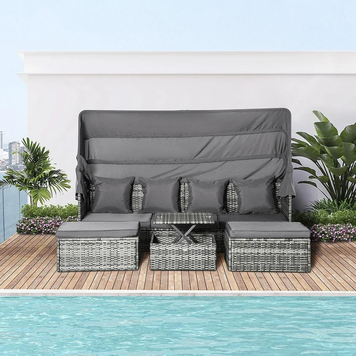 Poly Rattan Lounge Set Loungegruppe mit Sonnendach Faltdach Sitzgruppe Sonneninsel inkl. Kissen und Beistelltisch Garte - 1