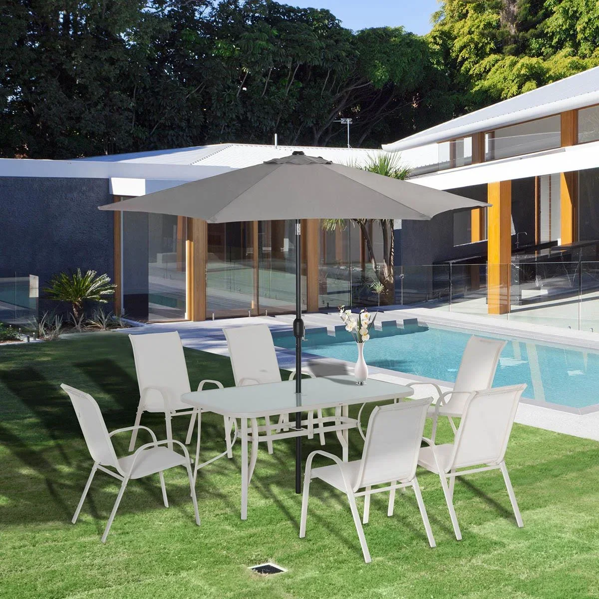 8-teiliges Gartenmöbel-Set mit Sonnenschirm, creme+hellgrau - 1