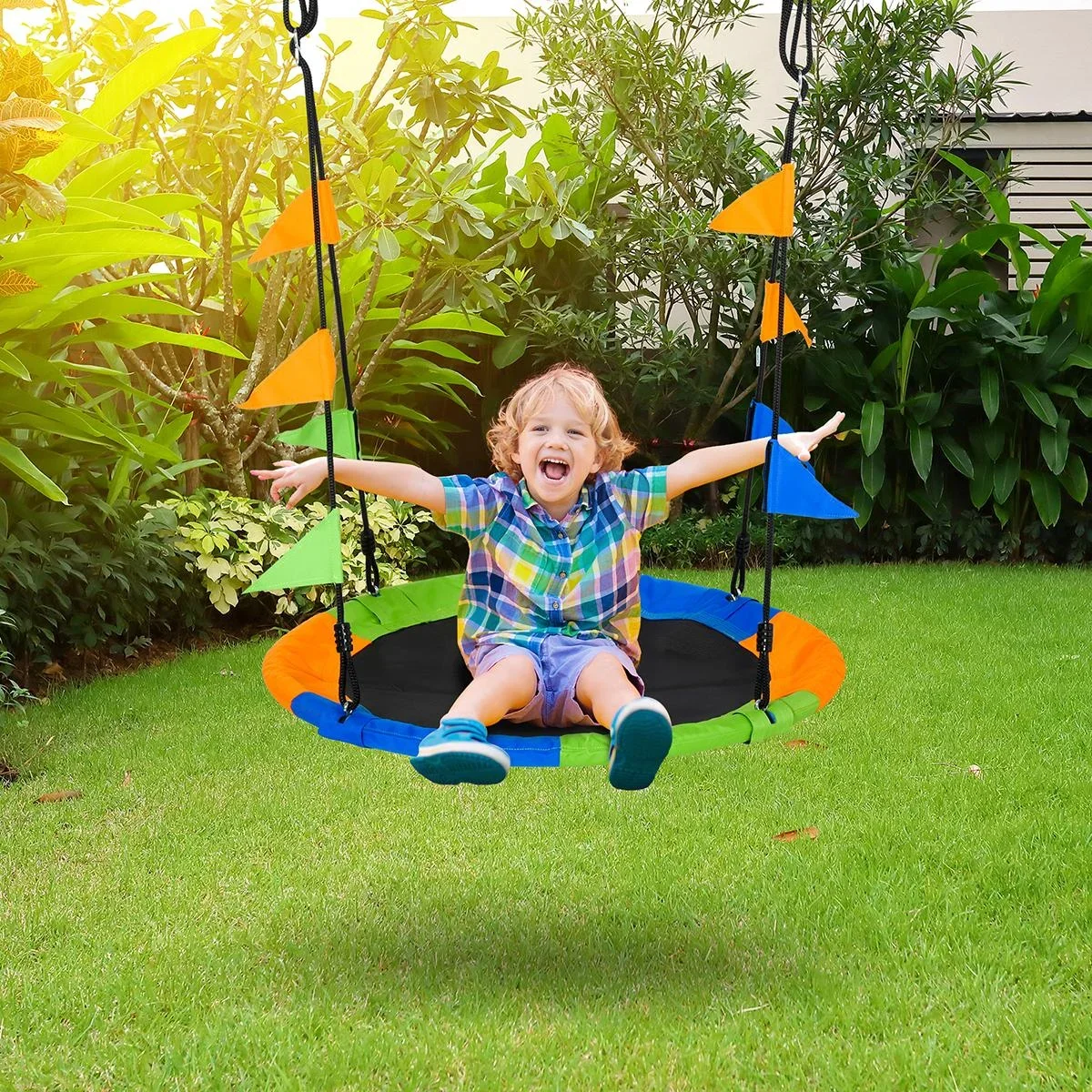 Nestschaukel Tellerschaukel Kinderschaukel Gartenschaukel bis 80 kg belastbar für 3+ Jahre Metall Polyester Blau+Grün+Or - 0